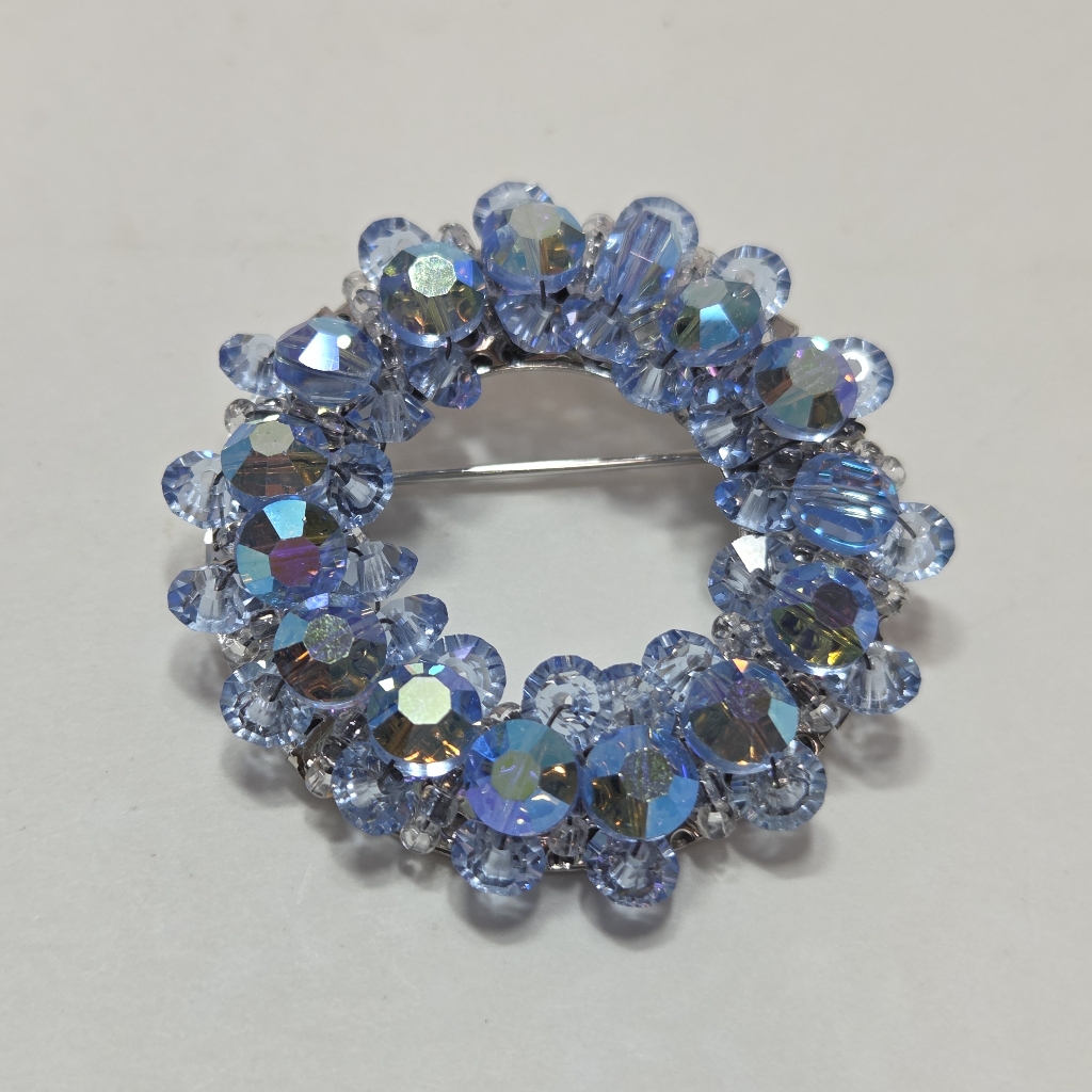 Hobe Blue Ab Coated Crystal Beaded Brooch Pin Vintage Round Glass Faceted Stones